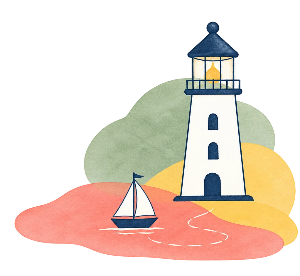 Faro y velero ilustrados, símbolo de acompañamiento